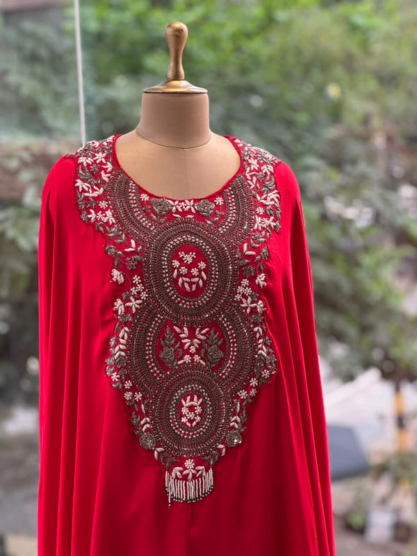Red Intricate Yoke Cape Set