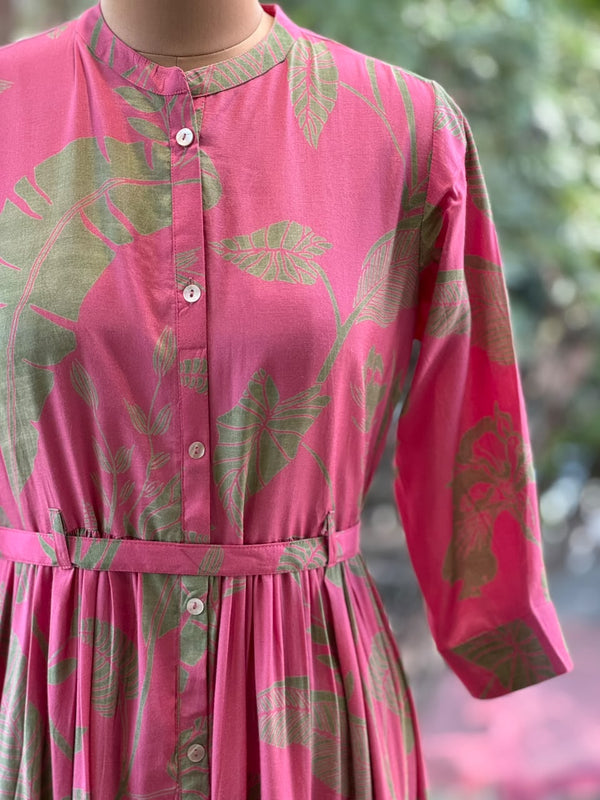 Pink Leaf Print Tiered Dress