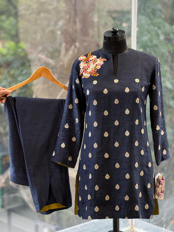 Navy Blue Embroidered Banarasi Co Ord