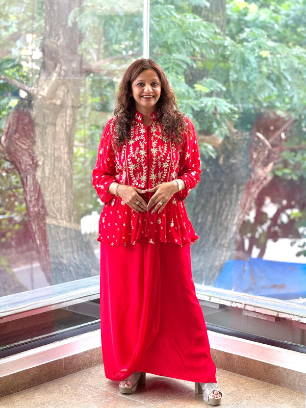 Red Bandhej Skirt Set