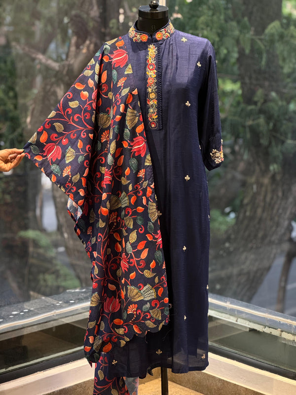 Navy Blue Suit Set With Kalamkari Dupatta