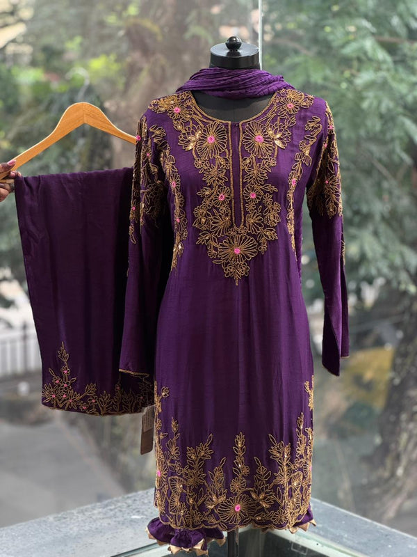 Purple Gold Beads Work Suit