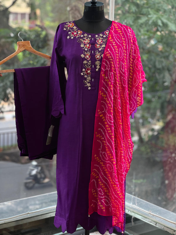Purple Bandhej Dupatta Set