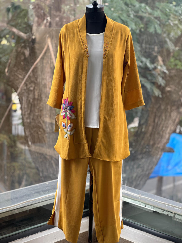 Yellow Moti Flower Patch Work Jacket Set