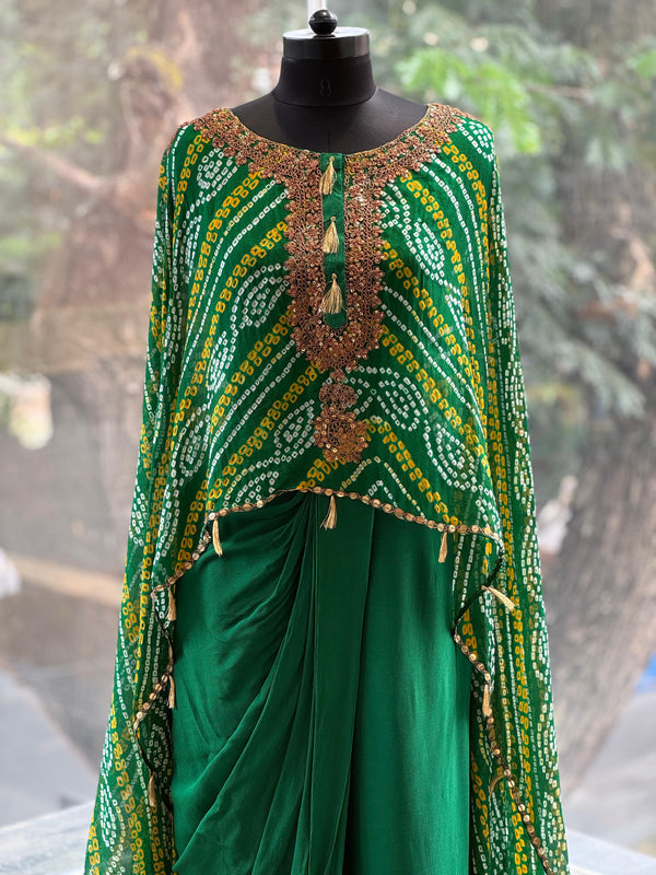Green Bandhej Cape Set