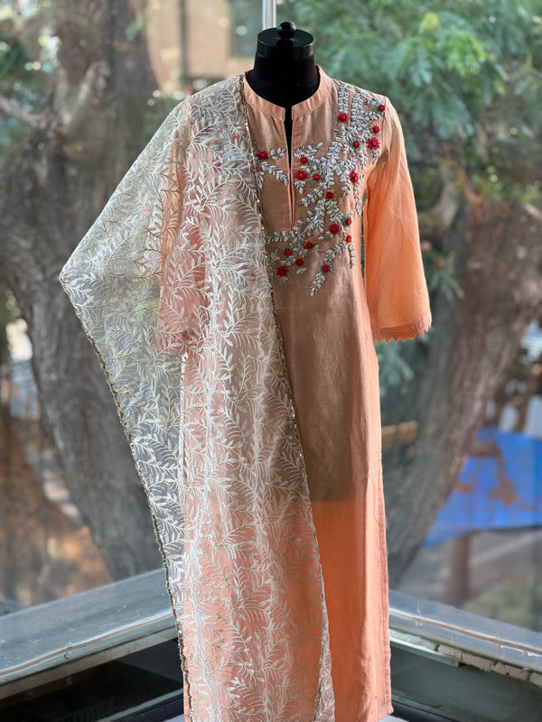 Peach Zardozi Work Dupatta Set