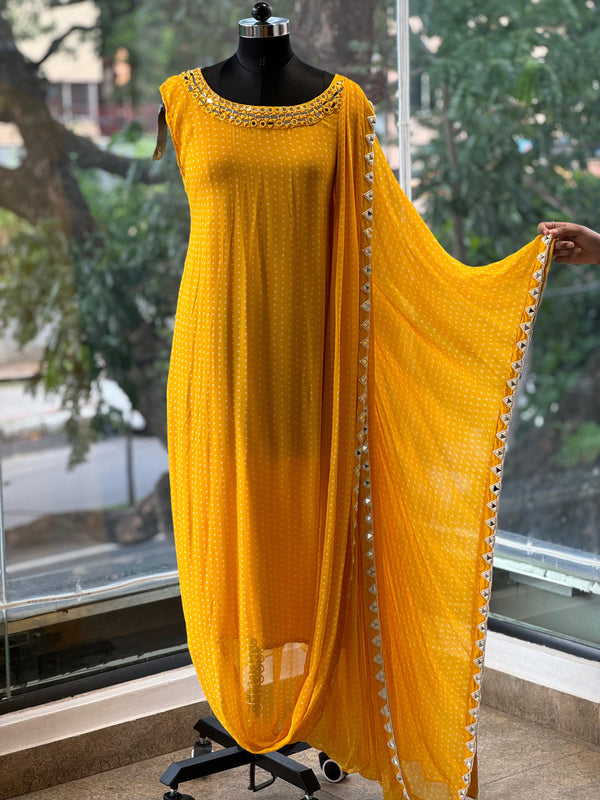 Yellow Bandhej Kaftan Drape Tunic