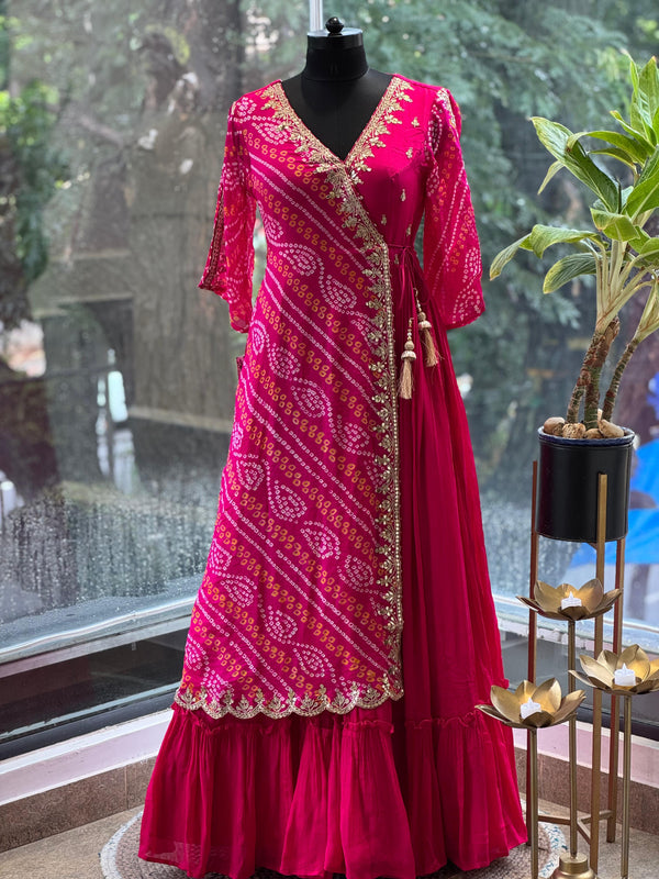 Pink Angarakha Style Bandhej Gown