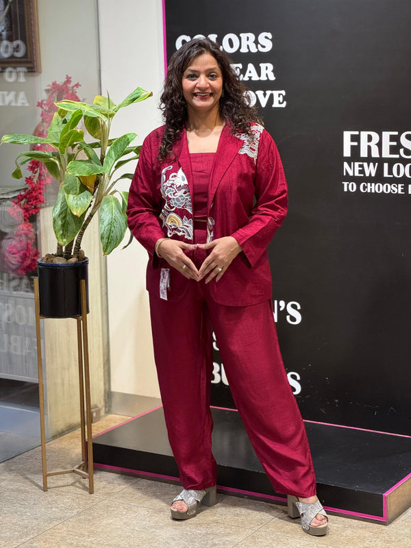 Maroon Embroidered Blazer Set