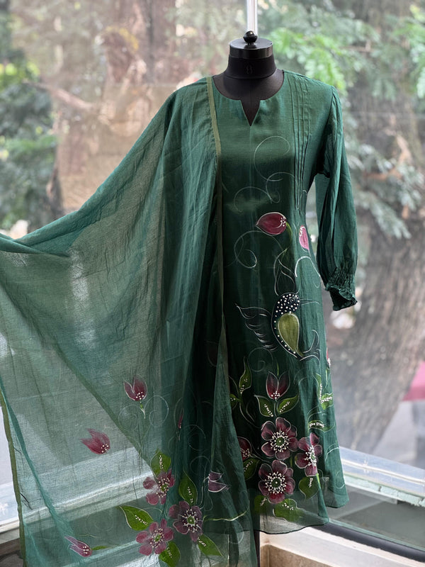 Green Painted Dupatta set