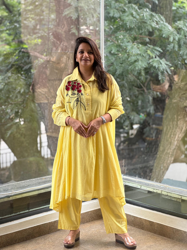 Yellow Side Face Rose Embroidered Co Ord