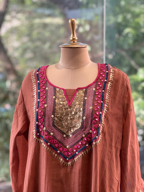 Rust Mirror work Dupatta Set