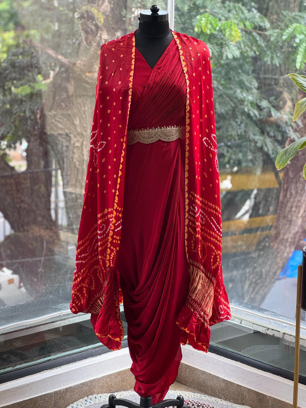 Rust Red Bandhej Cape Set