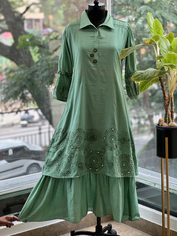 Green Collared Neck Layered Tunic