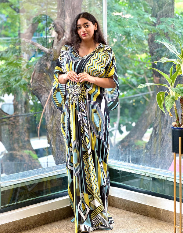 Black/Yellow Abstract Print Kaftan Style Gown