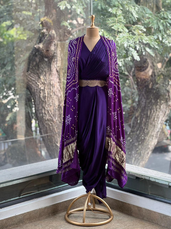 Purple Bandhej Cape Set