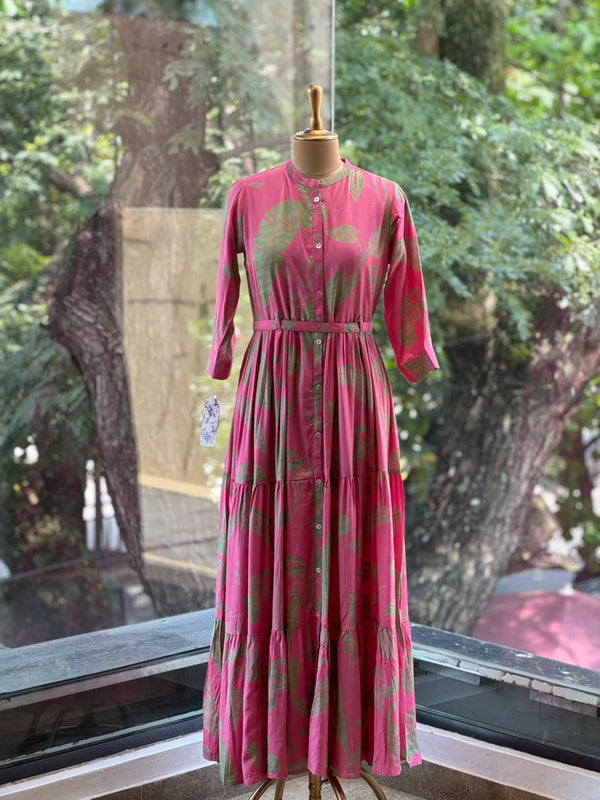 Pink Leaf Print Tiered Dress