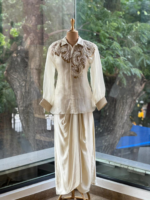 Beige Organza Shirt & Pleated Skirt Set with Applique Detail