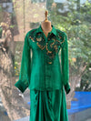Emerald Green Organza Shirt & Pleated Skirt Set with Applique Detail