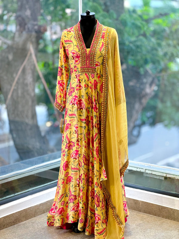 Yellow Floral Digital Print Anarkali