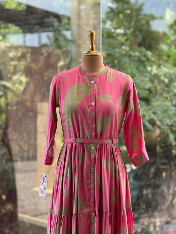 Pink Leaf Print Tiered Dress