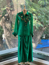 Emerald Green Organza Shirt & Pleated Skirt Set with Applique Detail
