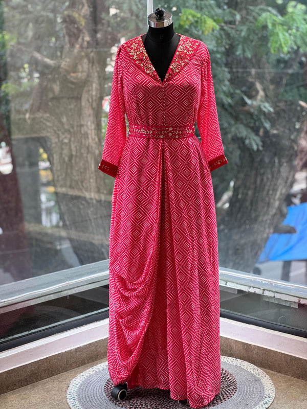 Red Bandhej Cowl Gown