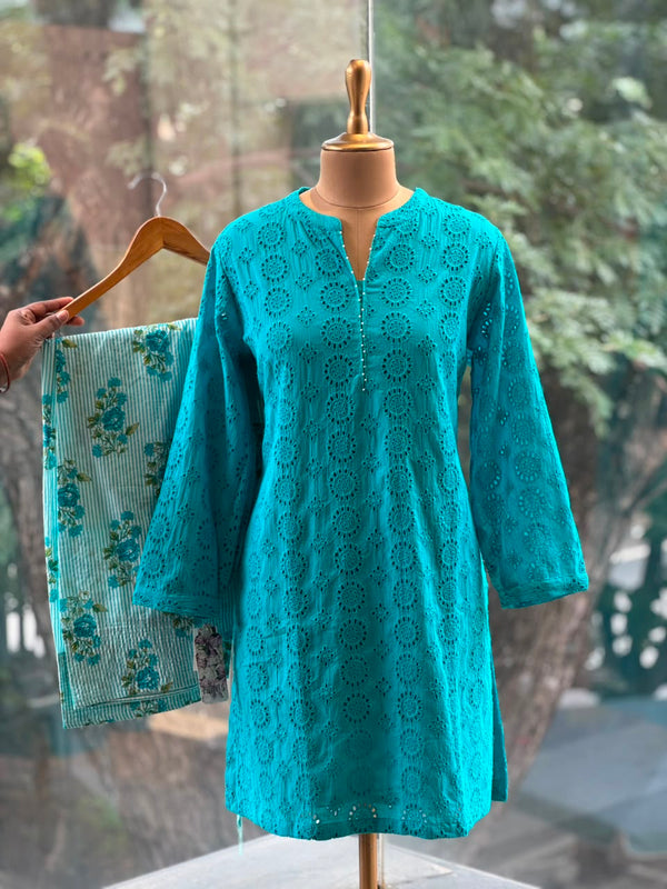 Pure Cotton Schiffli Farshi Kurta Set with Printed Pants