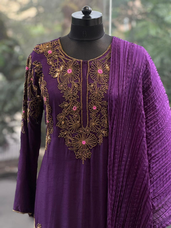 Purple Gold Beads Work Suit