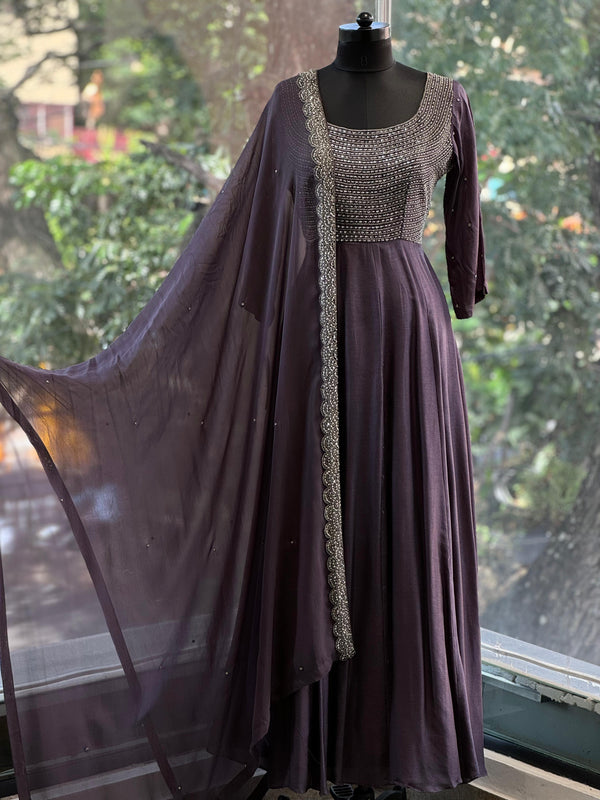 Grey Intricate Hand Yolk Work Gown