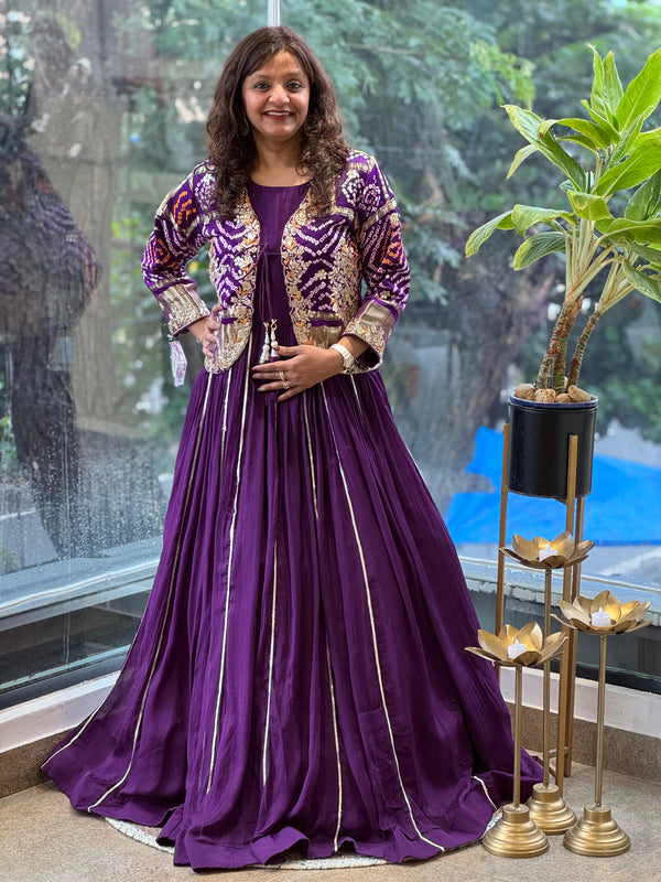 Purple Bandhej Jacket Set Gown