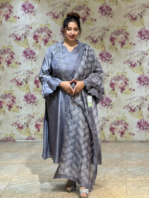 Grey Long Kurta With Dupatta