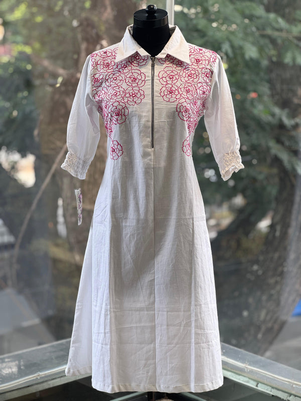 White Embroidered Zip Collared Tunic