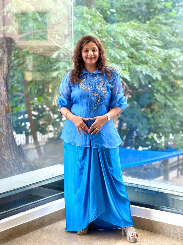 Blue Organza Shirt & Pleated Skirt Set with Applique Detail
